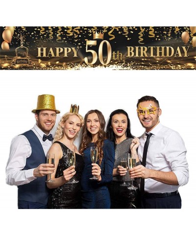 Large Happy 50th Birthday Outdoor Banner- Black Gold Hanging Banner Party Sign (9.8x1.6feet) Party Decoration Celebration Fla...