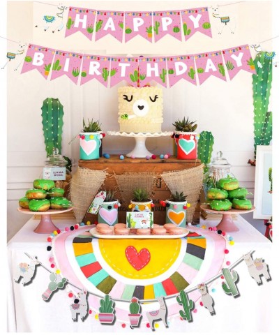 Llama Cactus Happy Birthday Banner Garland Decoration Set of 2 for Baby Shower Cino De Mayo Mexican Fiesta Centerpieces Party...