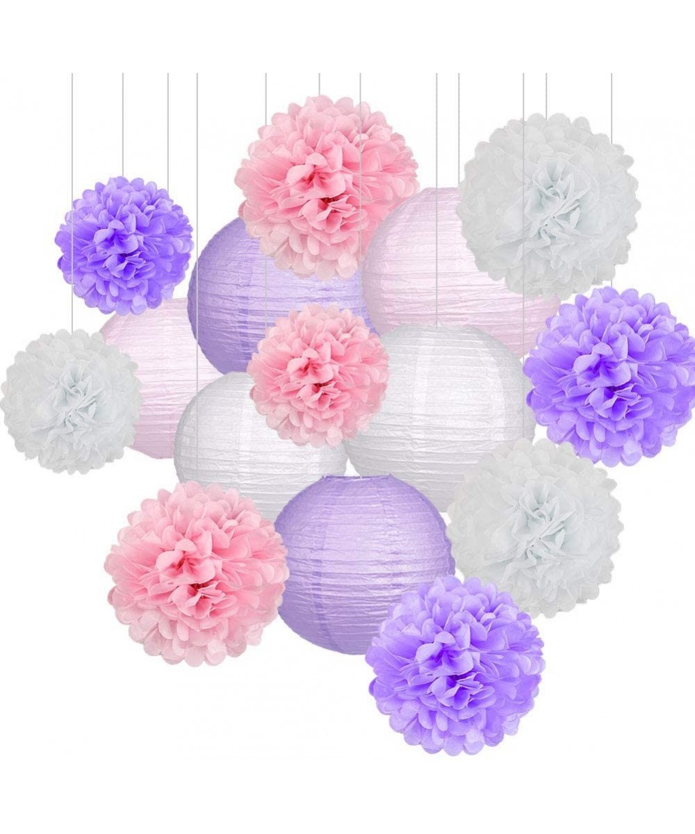 15Pcs Party Pack Paper Lanterns and Pom Pom Balls Hanging Decoration for Bridal Shower Wedding Birthday Baby Shower-Light Pin...