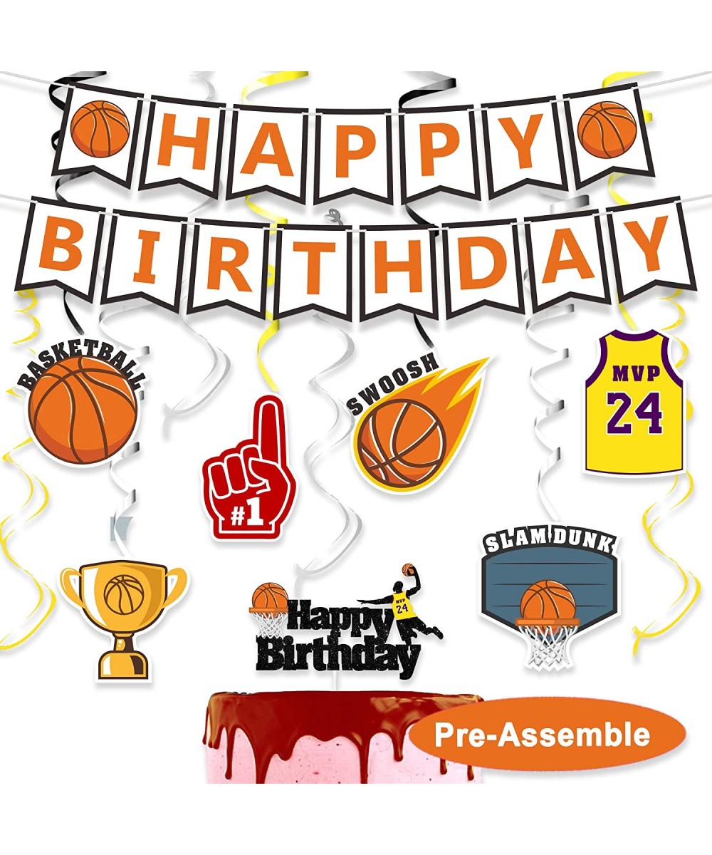 Basketball Birthday Decorations Set - Happy Birthday Theme Swirls Streamers Garland Banner and Cake Topper Party Supplies - C...