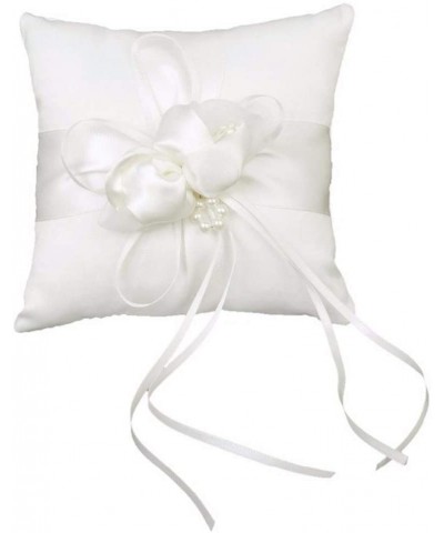 Ring Bearer Pillow Lovely Flower Buds Faux Pearls Decor Bridal Wedding Lace Pearl Satin Ring Pillow Cushion (5.9"x5.9") - 5.9...