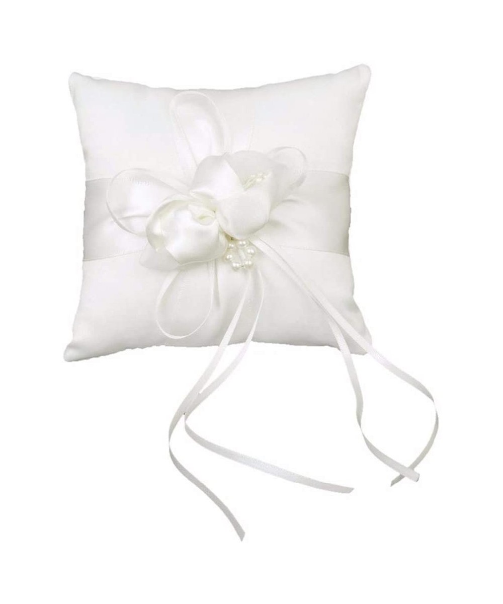 Ring Bearer Pillow Lovely Flower Buds Faux Pearls Decor Bridal Wedding Lace Pearl Satin Ring Pillow Cushion (5.9"x5.9") - 5.9...