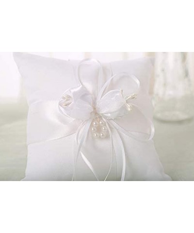 Ring Bearer Pillow Lovely Flower Buds Faux Pearls Decor Bridal Wedding Lace Pearl Satin Ring Pillow Cushion (5.9"x5.9") - 5.9...