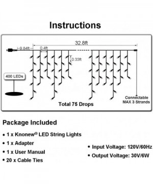 LED Icicle Lights- 400 LEDs- 32ft- 8 Modes- Curtain Fairy Light with 75 Drops- Clear Wire LED String Decor for Christmas/Than...