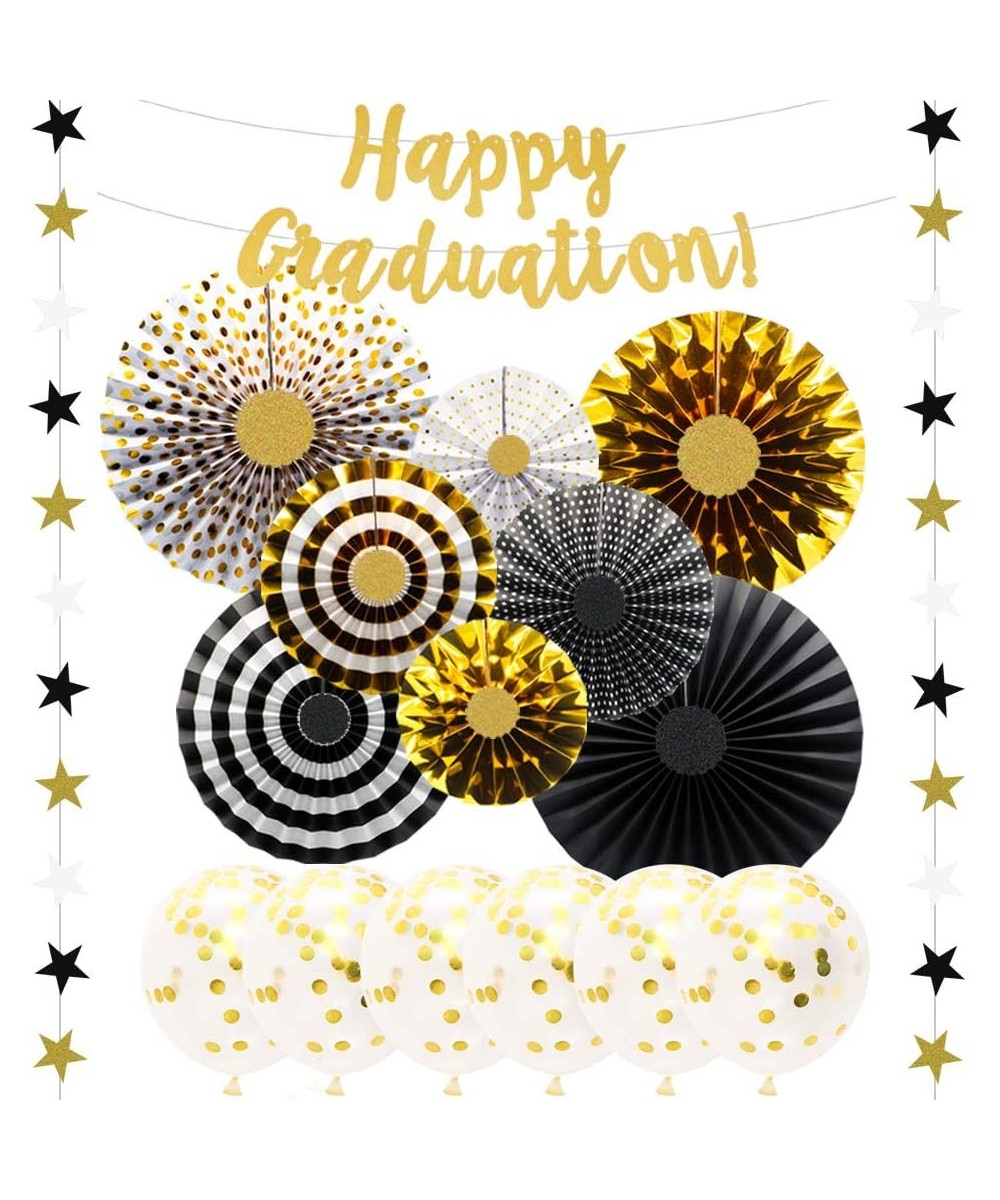 KAXXI Graduation Party Supplies 2020 Black and Gold Happy Graduation Banners with Paper Fans Decorations Star Garland Confett...