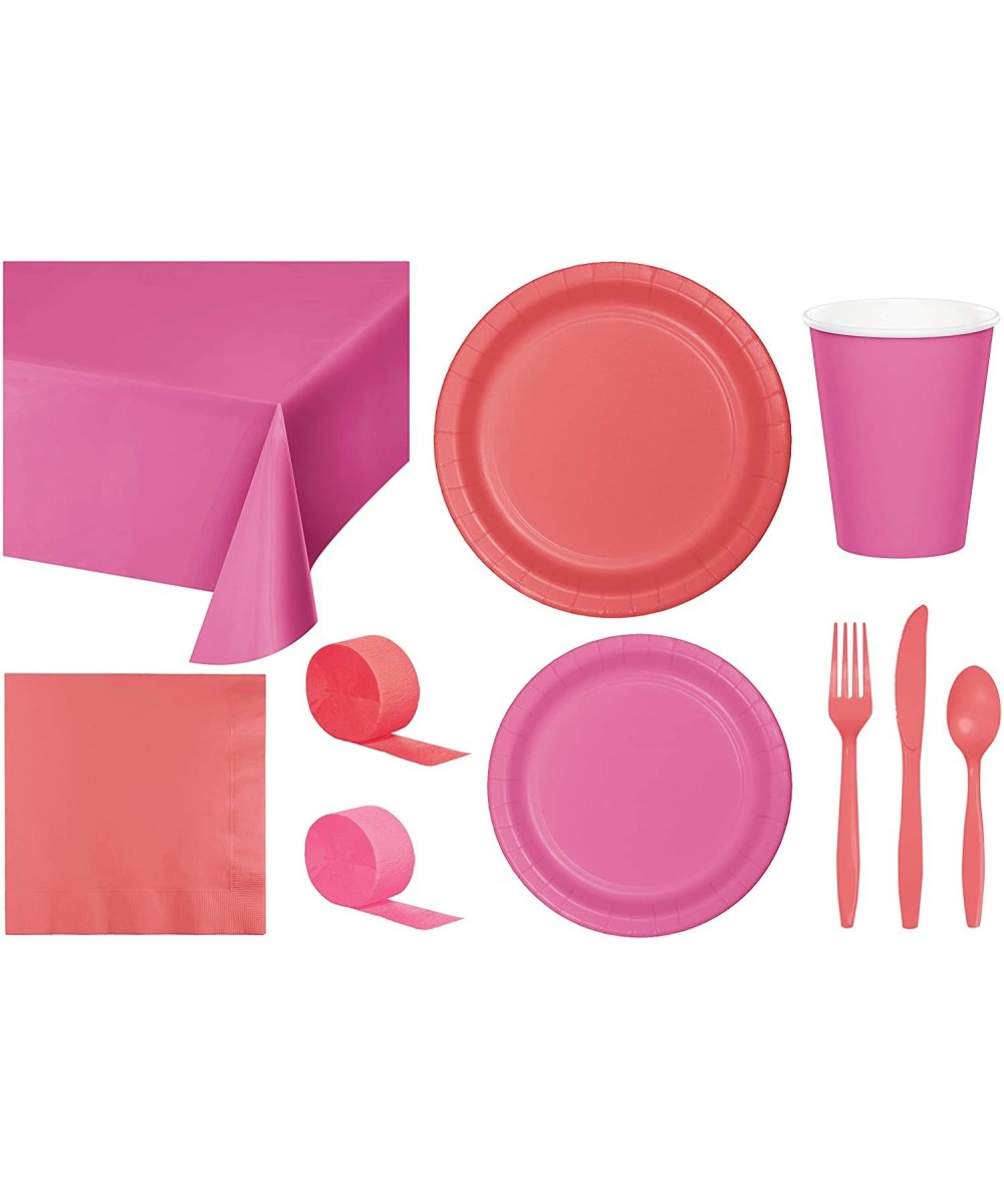 Party Bundle Bulk- Tableware for 24 People Candy Pink and Coral- 2 Size Plates Napkins- Paper Cups Tablecovers and Cutlery- B...