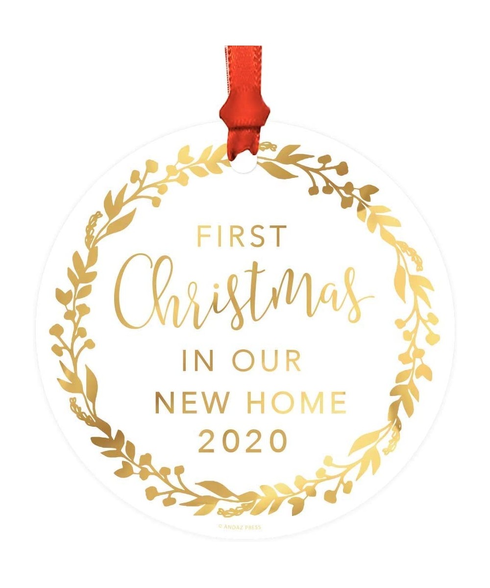 Round Metal Christmas Ornament- First Christmas in Our New Home 2020- Gold Holiday Wreath- 1-Pack- Includes Ribbon and Gift B...