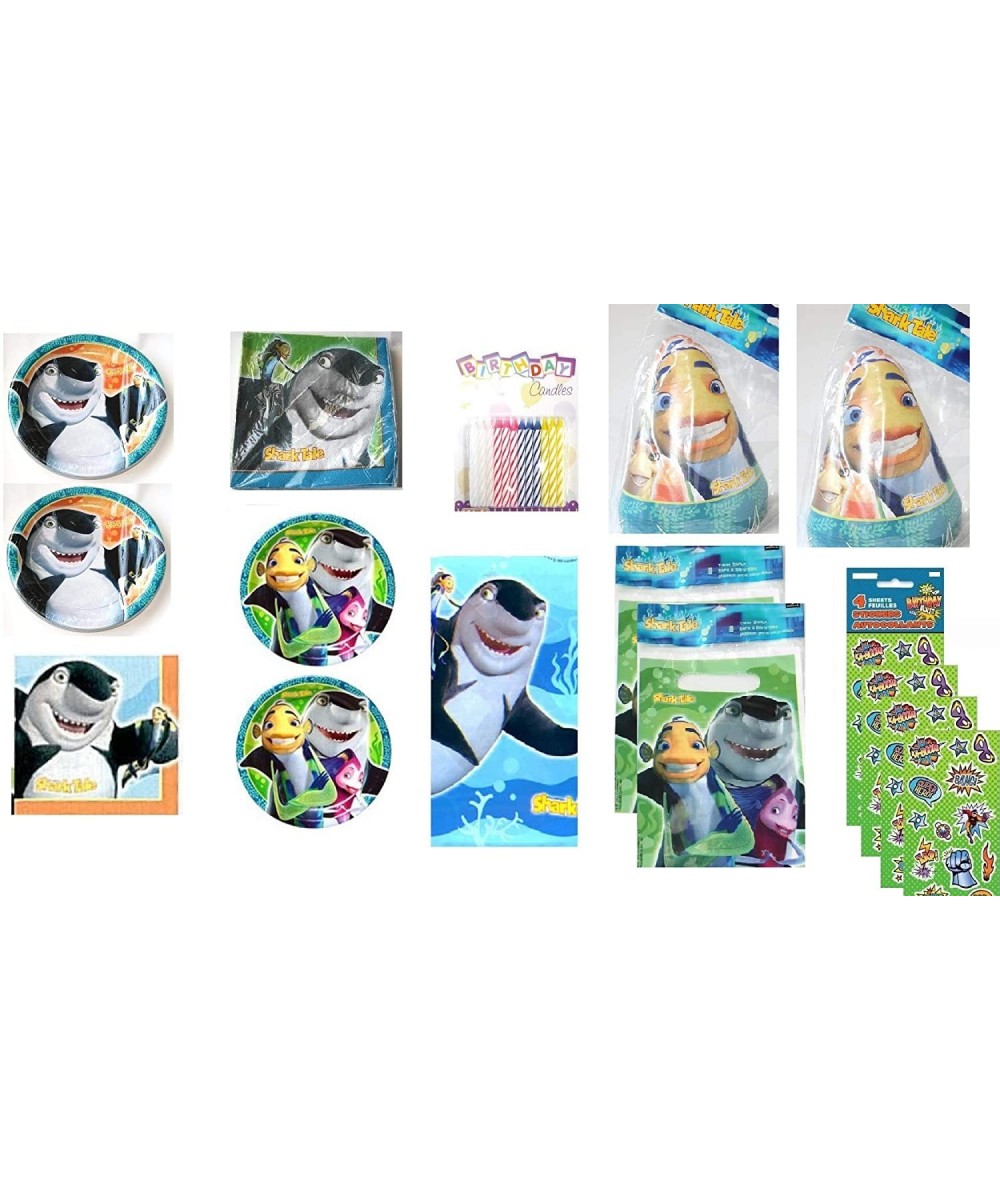 Shark Tale Birthday Party Supply Bundle for 16 includes Plates- Napkins- Table Cover- Loot Bags- Hats- Stickers- Candle - CD1...