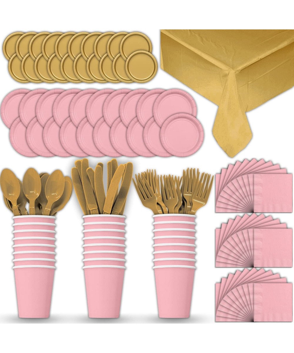 Paper Tableware Set for 24 - Light Pink & Gold - Dinner and Dessert Plates- Cups- Napkins- Cutlery (Spoons- Forks- Knives)- a...