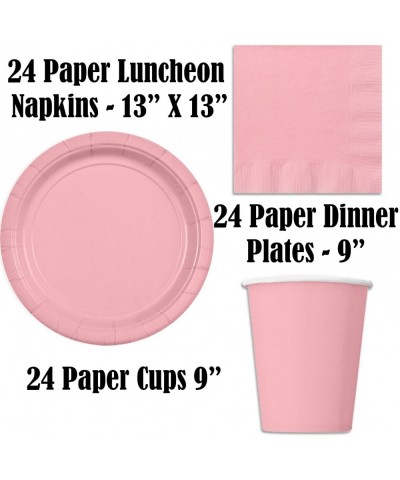 Paper Tableware Set for 24 - Light Pink & Gold - Dinner and Dessert Plates- Cups- Napkins- Cutlery (Spoons- Forks- Knives)- a...