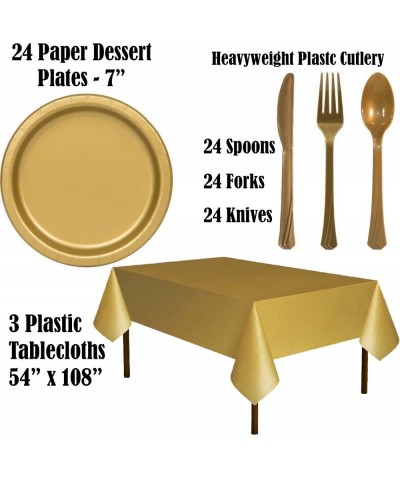 Paper Tableware Set for 24 - Light Pink & Gold - Dinner and Dessert Plates- Cups- Napkins- Cutlery (Spoons- Forks- Knives)- a...