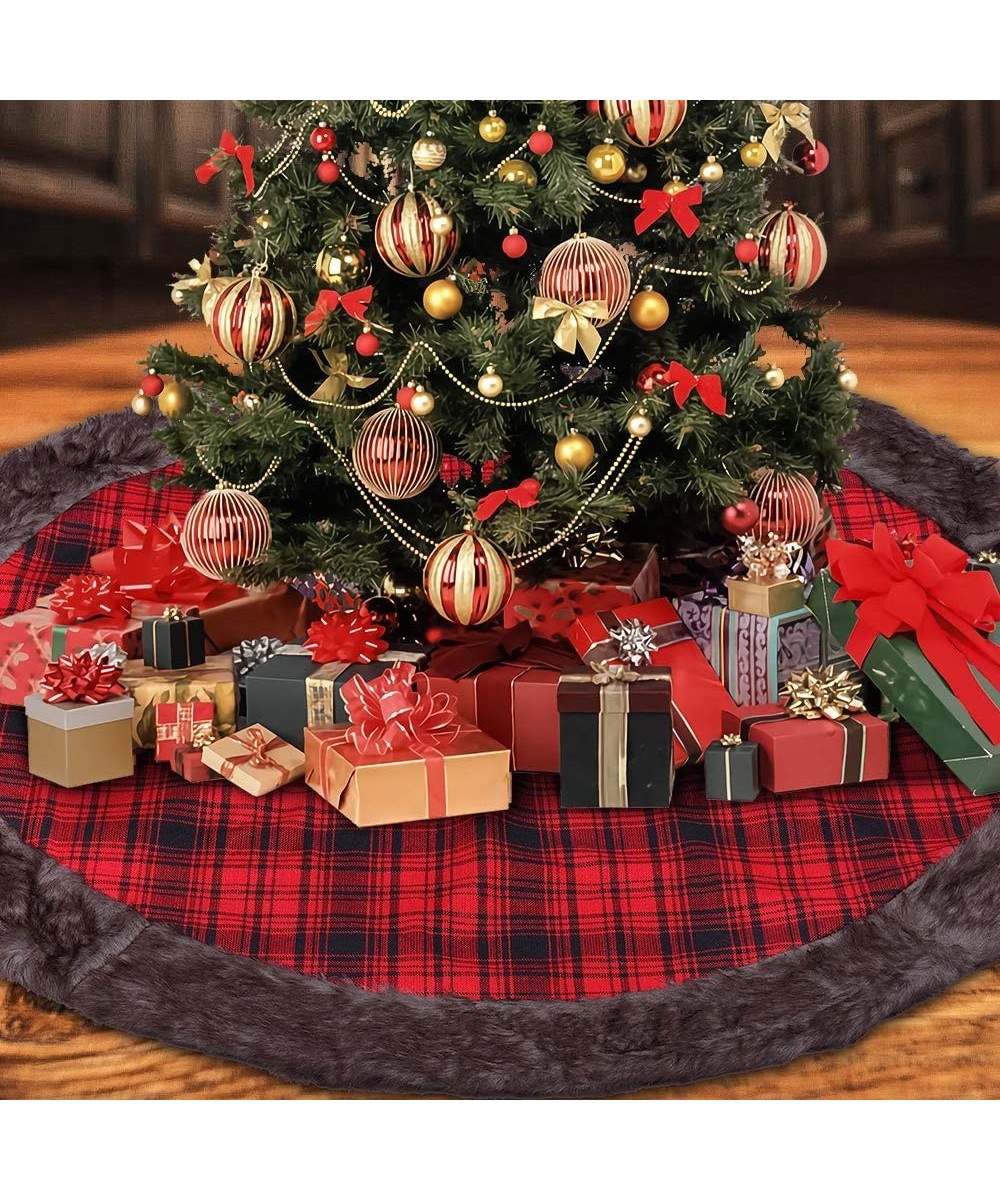 Christmas Tree Skirt 48 inches- Red and Black Buffalo Burlap Plaid with Thick Faux Fur Edge Tree Skirt- Rustic Xmas Tree Holi...