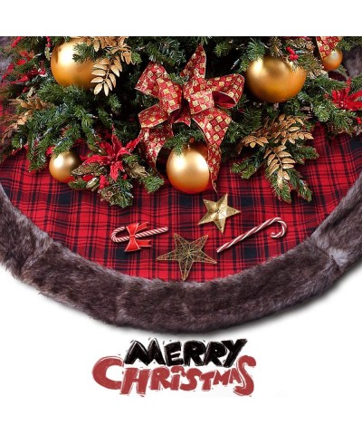 Christmas Tree Skirt 48 inches- Red and Black Buffalo Burlap Plaid with Thick Faux Fur Edge Tree Skirt- Rustic Xmas Tree Holi...