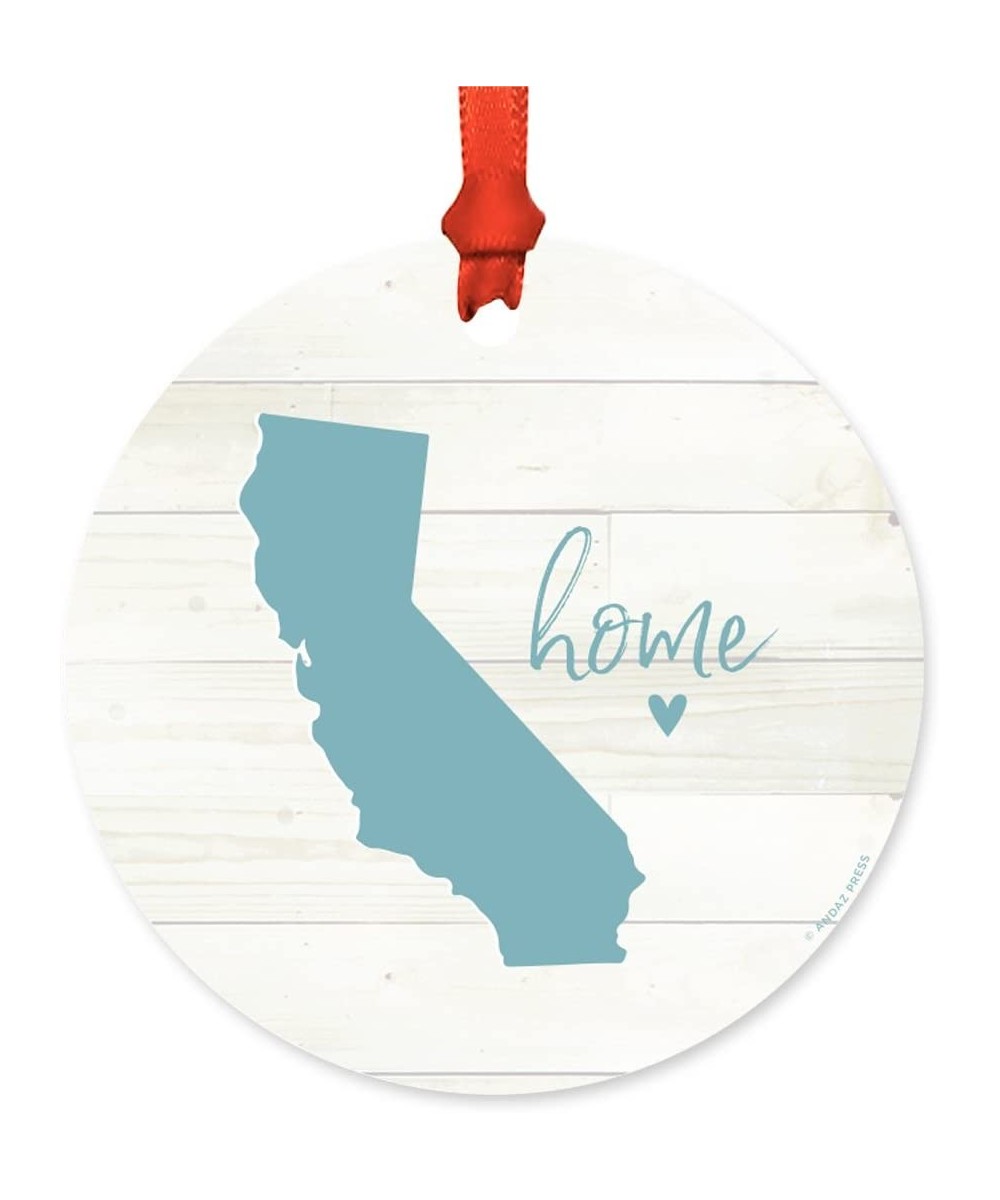 US State Round Metal Christmas Ornament- Rustic Light Wood Print- California Home- 1-Pack- Includes Ribbon and Gift Bag - CK1...