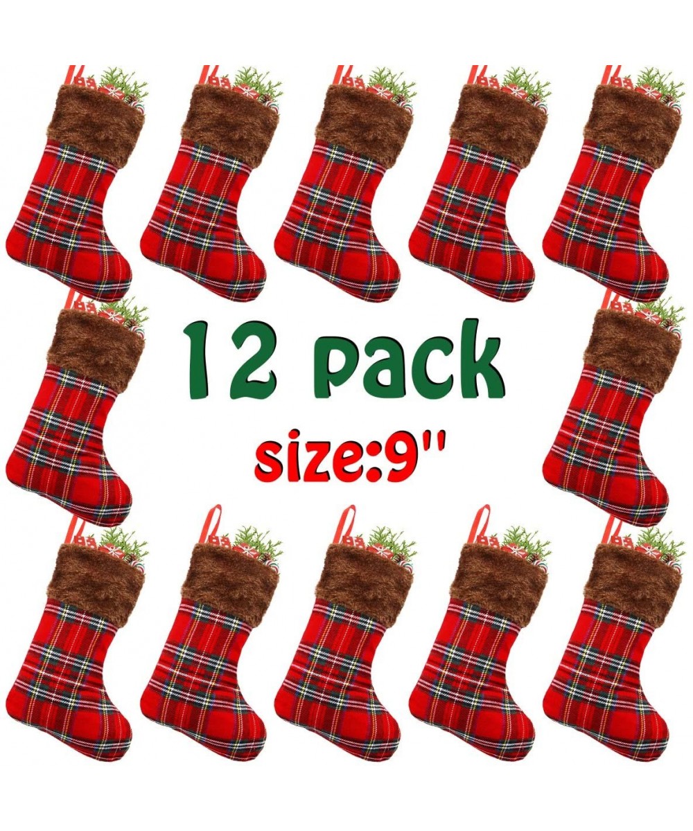 12 Pack 9" Mini Christmas Stockings Set- Small Rustic Felt Red Plaid Xmas Stockings Gift Card Bags Holders- Christmas Tree De...