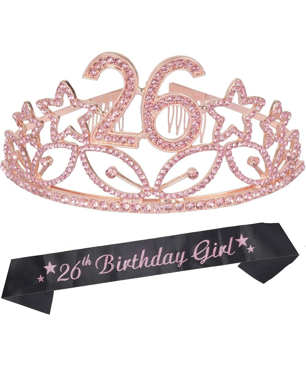 26th Birthday Gifts for Women- 26th Birthday Tiara and Sash Pink- Happy 26th Birthday Party Supplies- Crystal Tiara Birthday ...