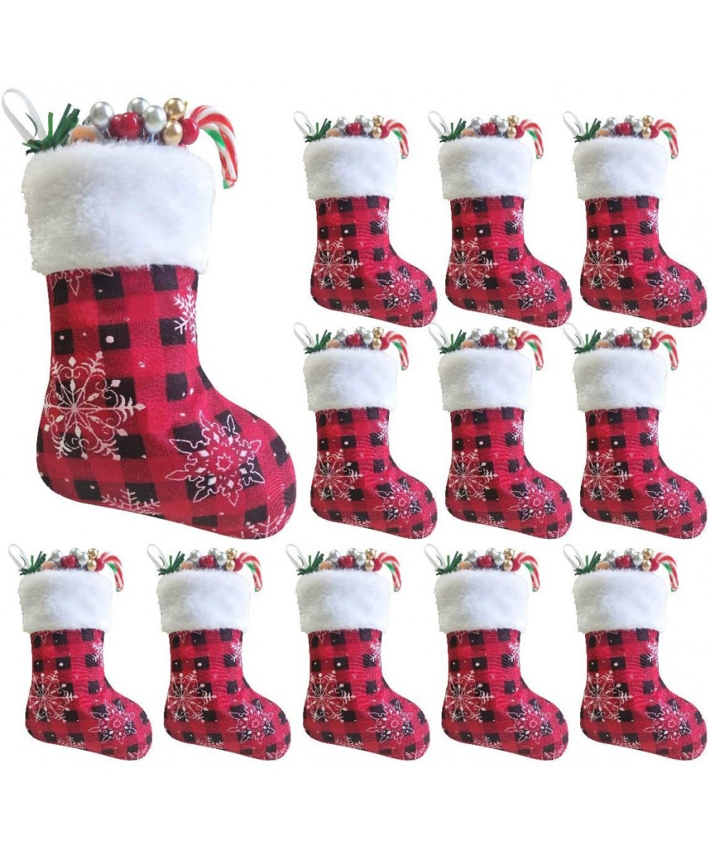 7 inch Mini Christmas Stockings 12 Pack- Small Rustic Red & Black Plaid with Snowflake and Faux Fur Cuff Xmas Stockings Bulk-...