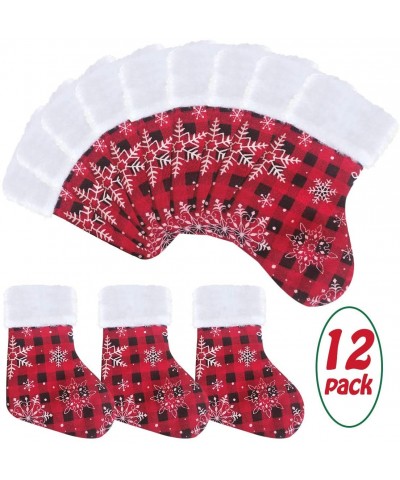 7 inch Mini Christmas Stockings 12 Pack- Small Rustic Red & Black Plaid with Snowflake and Faux Fur Cuff Xmas Stockings Bulk-...