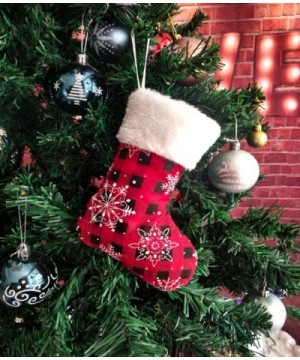 7 inch Mini Christmas Stockings 12 Pack- Small Rustic Red & Black Plaid with Snowflake and Faux Fur Cuff Xmas Stockings Bulk-...