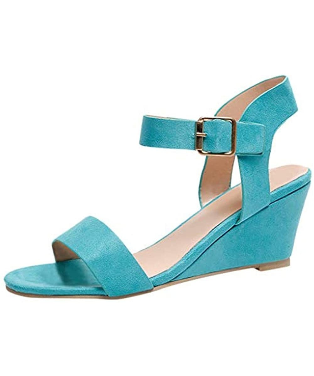 Women Peep Toe Buckle Strap Solid Wedges Heel Shoes Sandals Ankle Dress Buckle Sandals - Blue - C218RW0HKMN $16.75 Party Packs