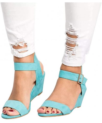 Women Peep Toe Buckle Strap Solid Wedges Heel Shoes Sandals Ankle Dress Buckle Sandals - Blue - C218RW0HKMN $16.75 Party Packs