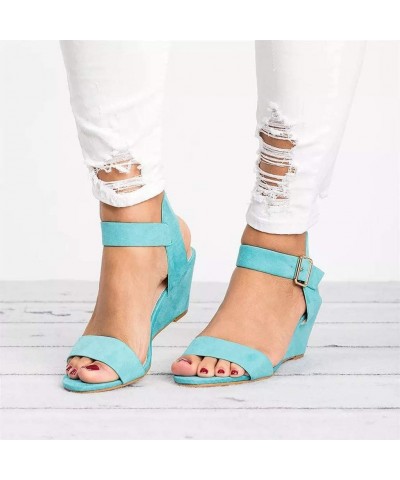 Women Peep Toe Buckle Strap Solid Wedges Heel Shoes Sandals Ankle Dress Buckle Sandals - Blue - C218RW0HKMN $16.75 Party Packs