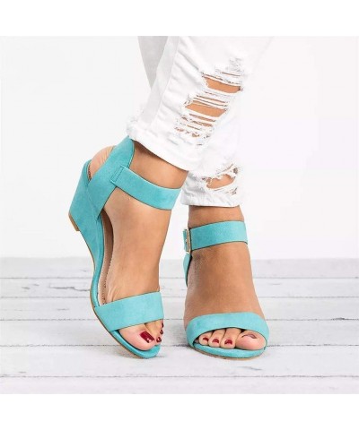 Women Peep Toe Buckle Strap Solid Wedges Heel Shoes Sandals Ankle Dress Buckle Sandals - Blue - C218RW0HKMN $16.75 Party Packs