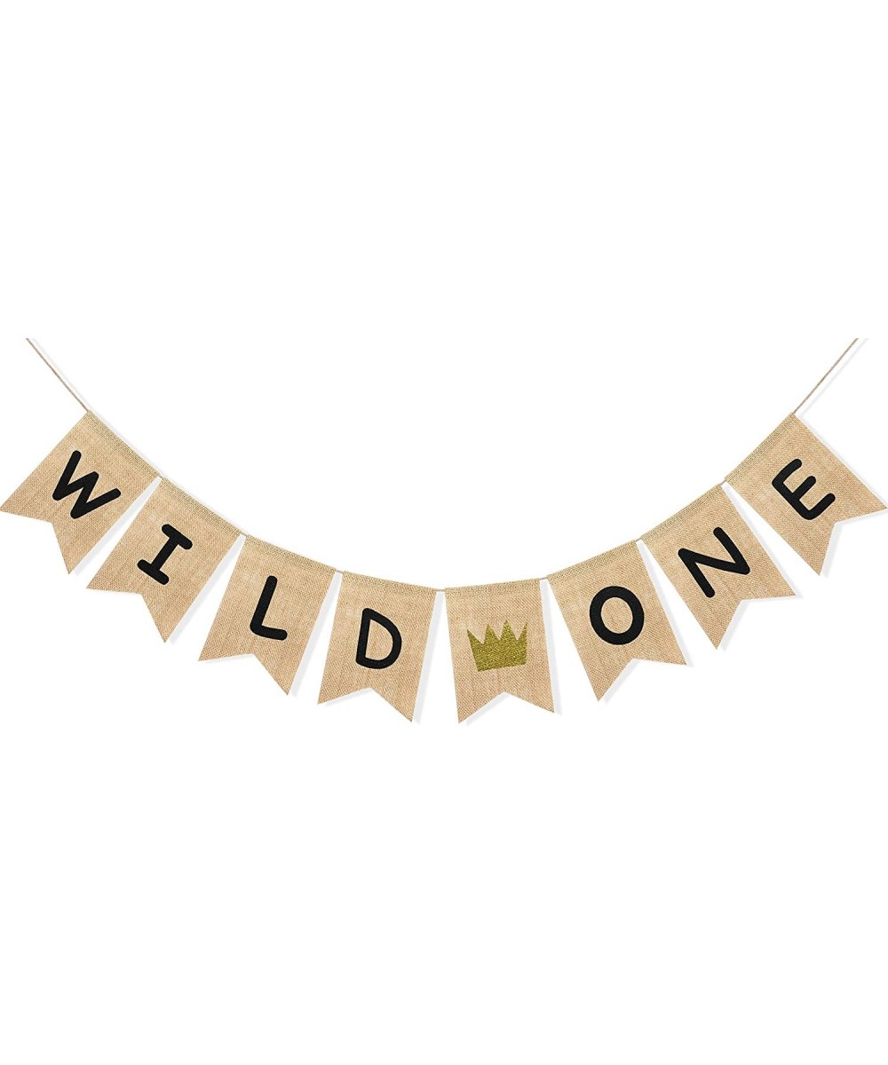 Wild One Banner Boy Girl 1st Birthday Party Decorations- Vintage Rustic Burlap Bunting for Baby First Birthday Sign with Glit...