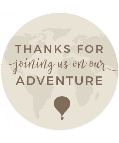 Hot Air Balloon World Map Party Collection- Vintage Tan Brown- Round Circle Label Stickers- Thank You for Joining Us on Our A...