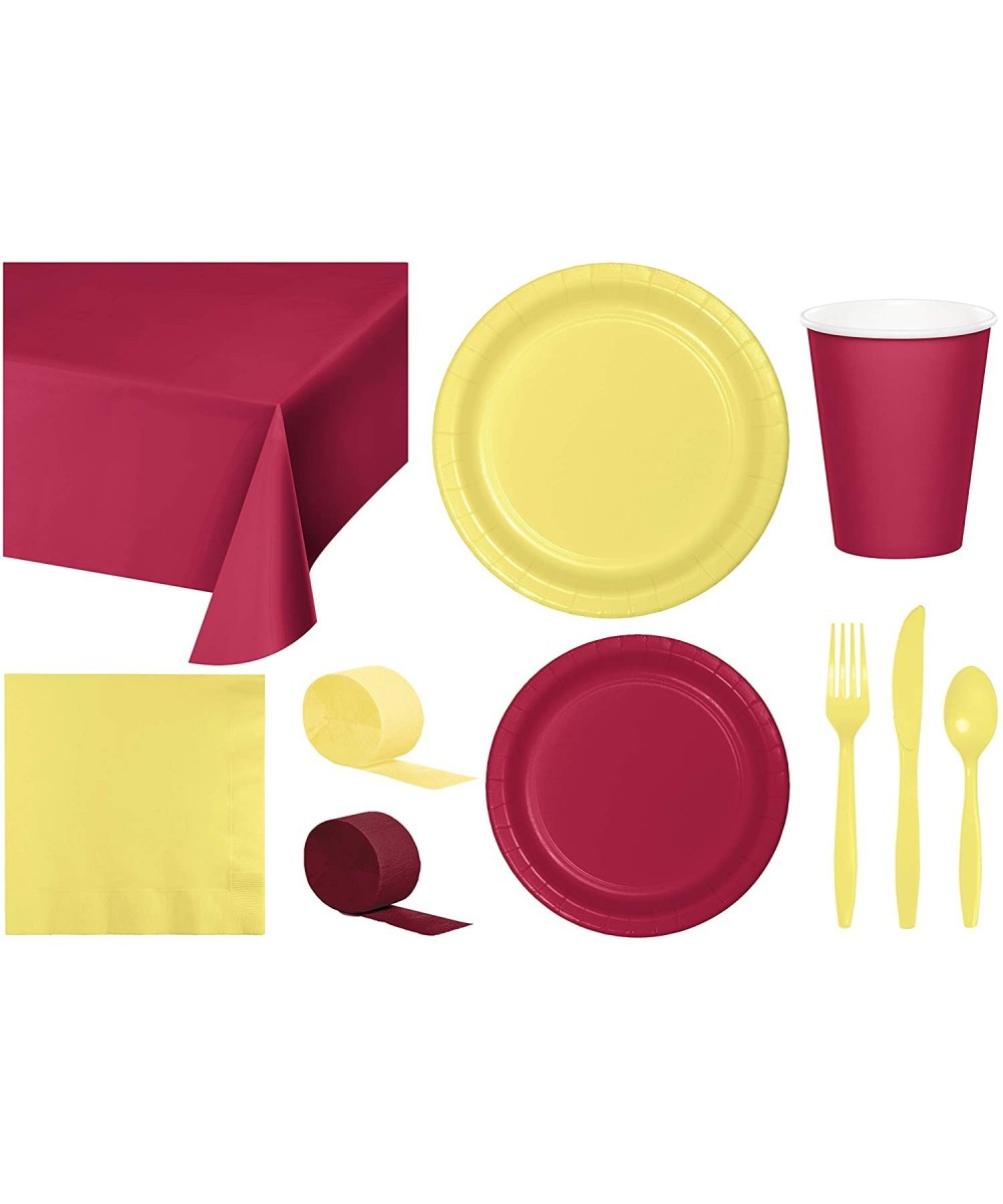 Party Bundle Bulk- Tableware for 24 People Burgundy and Mimosa Yellow- 2 Size Plates Napkins- Paper Cups Tablecovers and Cutl...