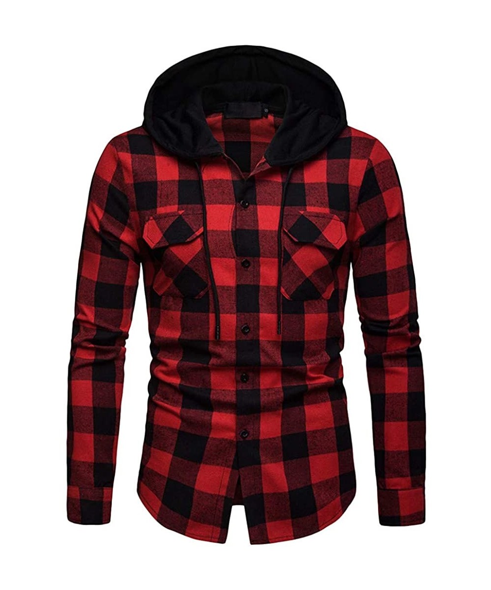 Men's Plaid Hooded Shirts Casual Long Sleeve Lightweight Shirt Jackets Button Up Relaxed Fit Hooded Quilted Shirt Jacket - Re...
