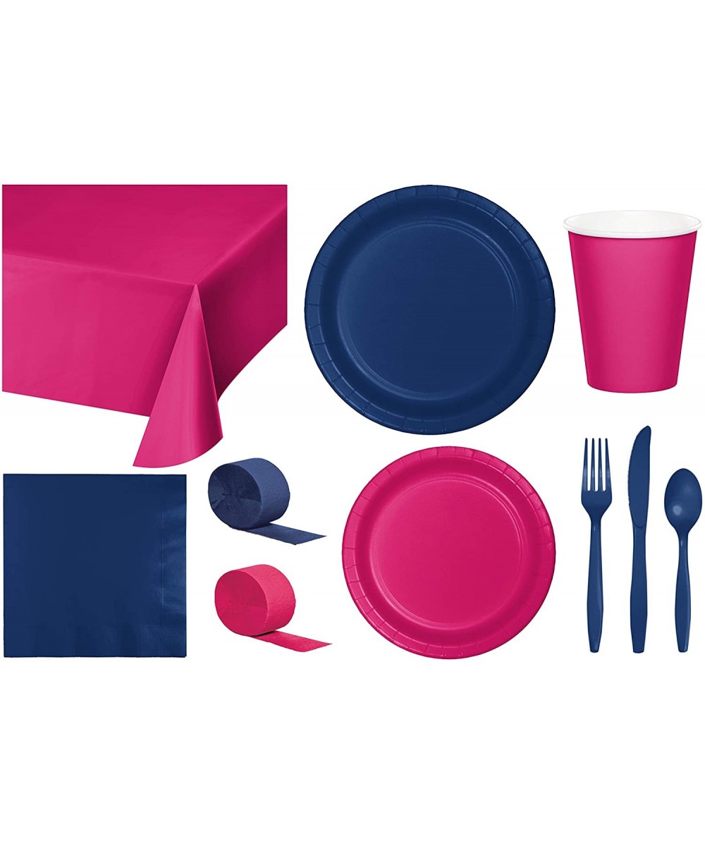 Party Bundle Bulk- Tableware for 24 People Magenta Pink and Navy Blue- 2 Size Plates Napkins- Paper Cups Tablecovers and Cutl...