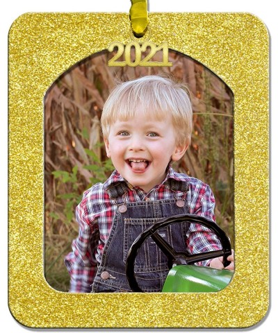 2021 Magnetic Glitter Christmas Photo Frame Ornament with Non Glare Photo Protector- Vertical - Gold - Bright Yellow Gold - C...