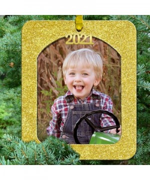 2021 Magnetic Glitter Christmas Photo Frame Ornament with Non Glare Photo Protector- Vertical - Gold - Bright Yellow Gold - C...