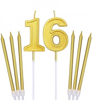 16th Birthday Candles Gold Cake Numeral Candles Glitter Cake Cupcake Topper Decoration and 6 Pieces Long Cake Candles for Com...