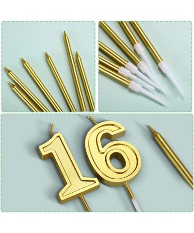 16th Birthday Candles Gold Cake Numeral Candles Glitter Cake Cupcake Topper Decoration and 6 Pieces Long Cake Candles for Com...