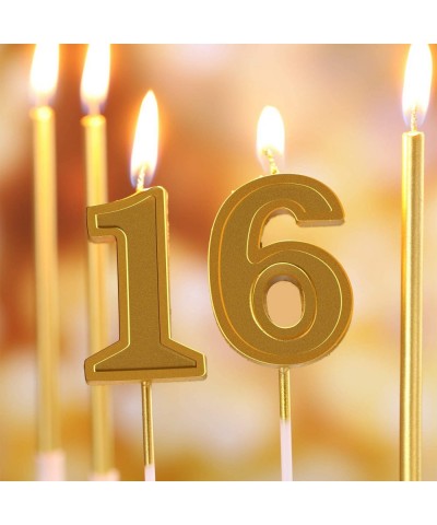 16th Birthday Candles Gold Cake Numeral Candles Glitter Cake Cupcake Topper Decoration and 6 Pieces Long Cake Candles for Com...