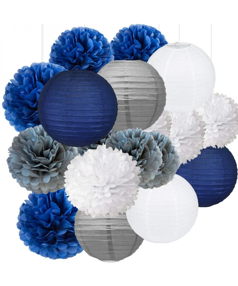 18pcs Navy Blue- White- Grey Tissue Paper Flowers Pom Poms Paper Lanterns Party Girl Decorations for Wedding Bridal Shower gr...