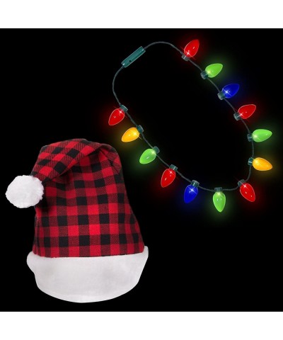 Plaid Santa Hat + LED Christmas Bulb Necklace Kit for Ugly Sweater Xmas Holiday Party - CN1860YXAQS $14.09 Hats