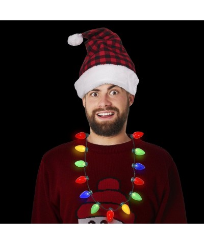 Plaid Santa Hat + LED Christmas Bulb Necklace Kit for Ugly Sweater Xmas Holiday Party - CN1860YXAQS $14.09 Hats