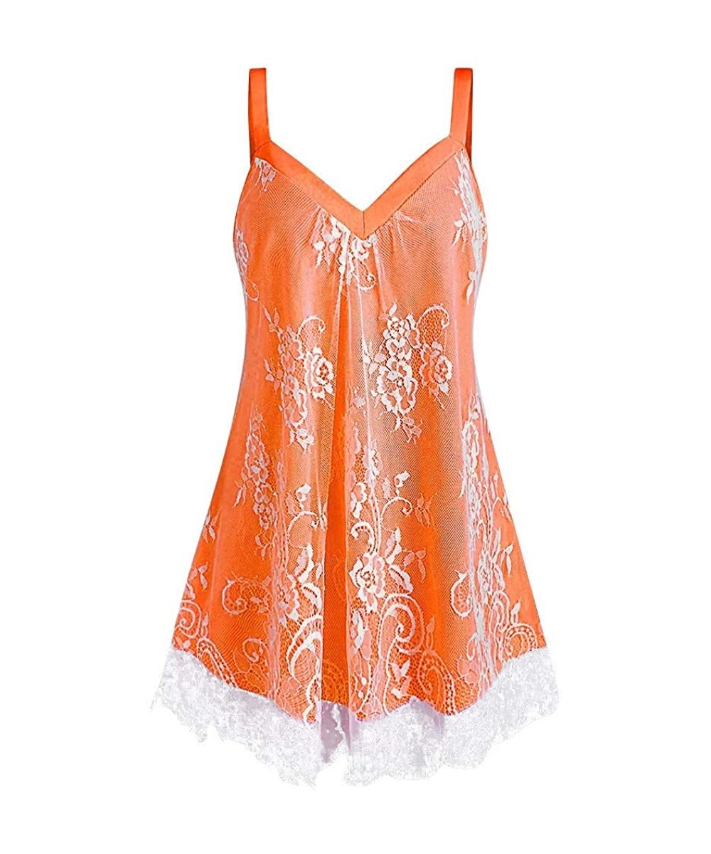 Tank Tops for Women Plus Size Summer V Neck Sleeveless Shoulder Strap T-Shirts Netting Floral Lace Blouses - Orange - C21908H...