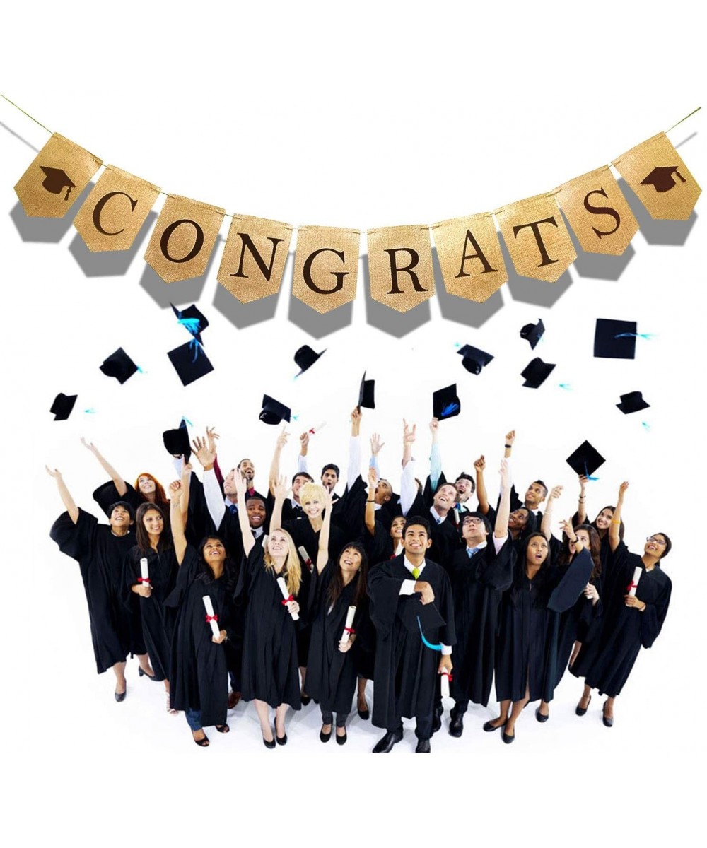 Congrats Banner Burlap Graduation Banner with Black Graduation Cap(Assembled) Class of 2020 Graduation Party Supplies Congrat...