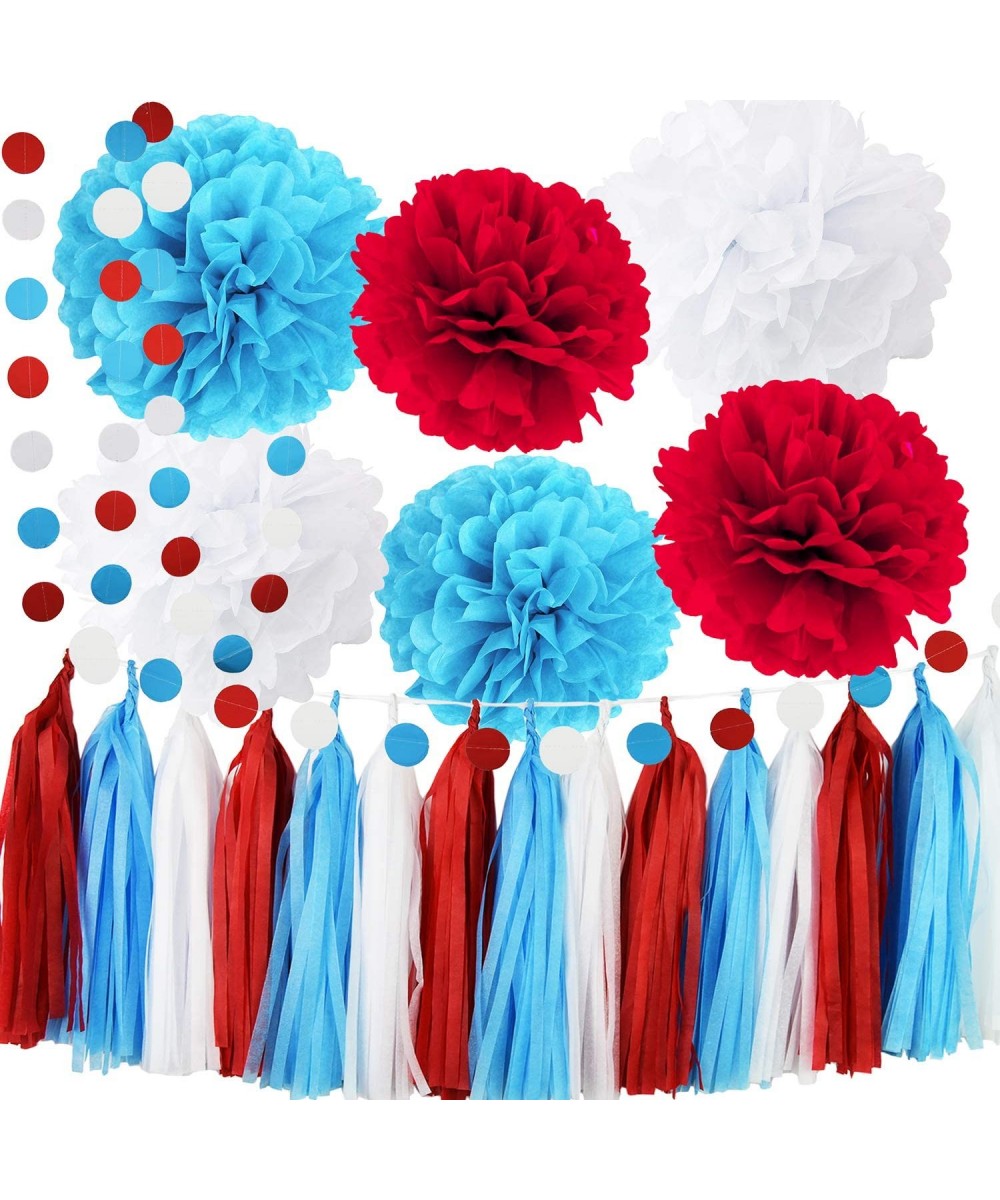 Dr Suess Party Deorations Cat in the Hat Party/Bridal Shower Decorations Turquoise White Red Tissue Pom Pom Circle Garland fo...