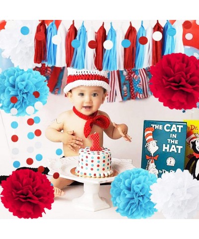 Dr Suess Party Deorations Cat in the Hat Party/Bridal Shower Decorations Turquoise White Red Tissue Pom Pom Circle Garland fo...