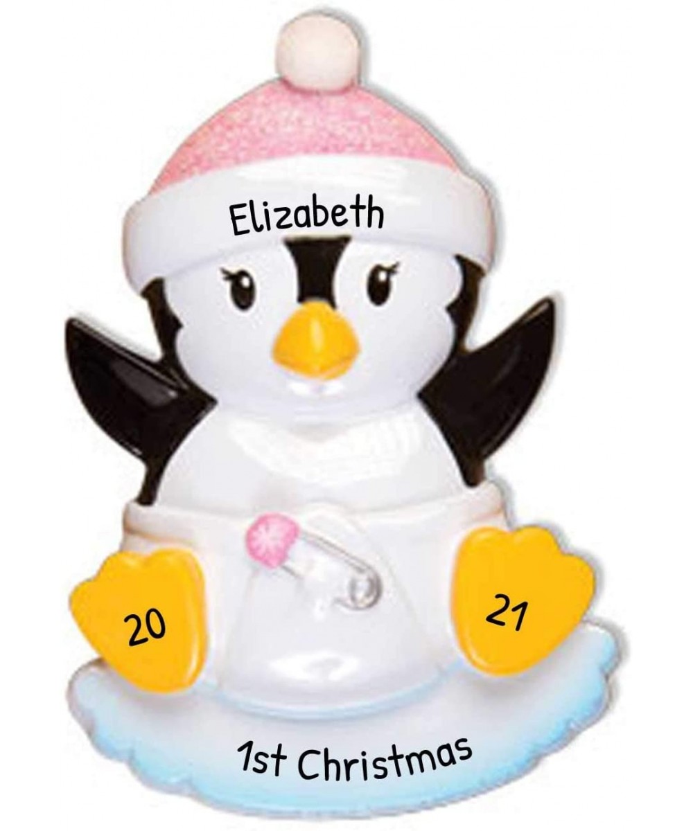 Personalized Baby Penguin Girl Christmas Tree Ornament 2020 - Cute Toddler Black Bird in Glitter Hat Diaper on Ice New Mom Sh...