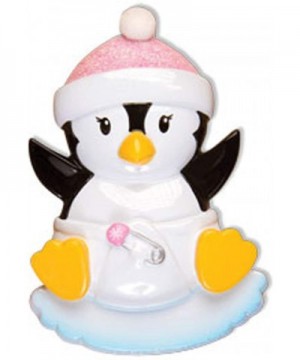 Personalized Baby Penguin Girl Christmas Tree Ornament 2020 - Cute Toddler Black Bird in Glitter Hat Diaper on Ice New Mom Sh...