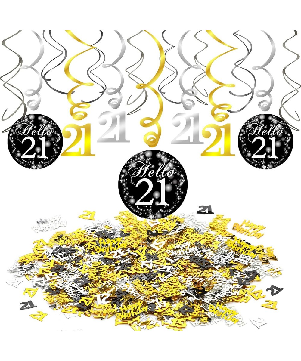21st Swirl Birthday Hanging Decorations Black and Gold (15 Counts)- Happy Birthday & 21st Birthday Party Table Confetti (1.05...