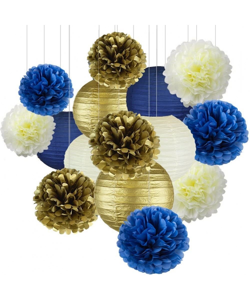 Navy Blue Party Decor Kit- Nautical Party Decorations- Cream Navy Blue Gold Hanging Pom Pom Flowers- Cream Navy Gold Paper La...