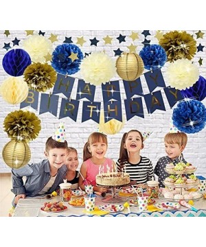 Navy Blue Party Decor Kit- Nautical Party Decorations- Cream Navy Blue Gold Hanging Pom Pom Flowers- Cream Navy Gold Paper La...