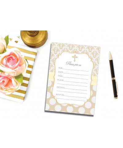 50 Cross Invitations and Envelopes - Gold Taupe (Large Size 5x7) - Religious Celebration Invites - Baptism - Christening - Fi...